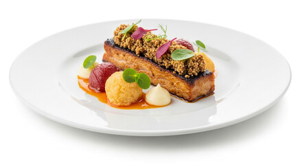 Crispy Pork Belly with Sweet and Spicy Glaze, Herb Garnish, and Creamy Polenta