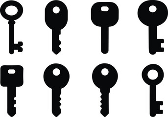 Set of Eight Black Key Silhouettes, Representing Security, Access, Solution, Unlock, Password, Success, and Digital Encryption in a Versatile and Modern Vector Icon Collection.
