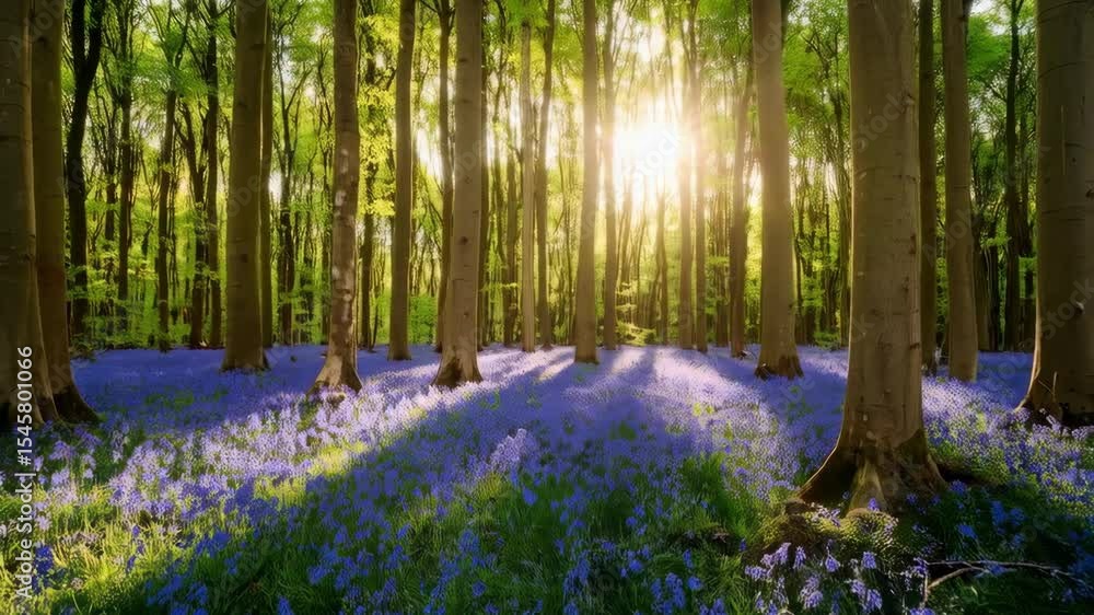Poster sunlight streams through trees onto a field of bluebells in a forest creating long shadows in the wo