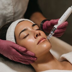 Partial female cosmetologist doing hydra facial therapy of young caucasian woman