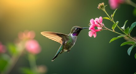 Naklejka premium Hummingbird near pink flower