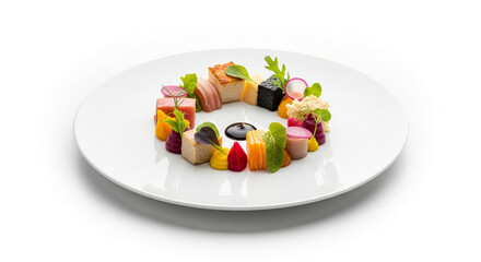 Elegant Gourmet Dish Artistic Arrangement of Vegetables and Meat