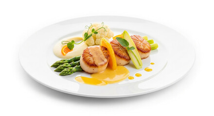 Pan-Seared Scallops with Creamy Sauce, Asparagus, and Mashed Cauliflower