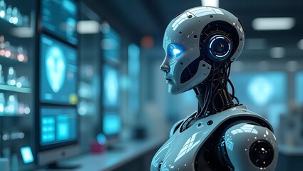 Realistic Humanoid Robot in High-Tech Laboratory with Chrome Finish