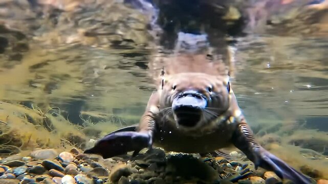Swimming platypus underwater