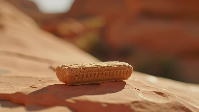 Carved rectangular object on sandstone surface, desert background