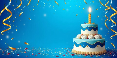 Elegant blue & gold birthday cards with cake & confetti Vector posters for celebration,  vector,  bright