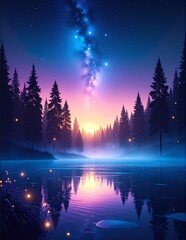 A serene lake reflecting lush green trees and a vibrant blue sky, with fluffy white clouds gently floating above, creating a tranquil natural scene.