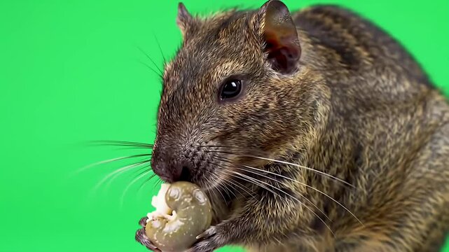 Close-up of a degu eating on a bright green background