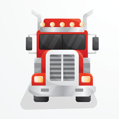 Front view flat truck illustration. Red cartoon truck. Heavy vehicle driving.