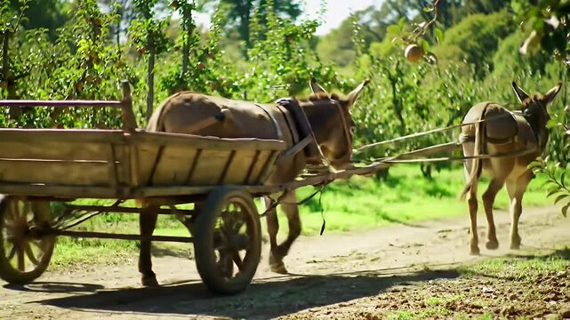 Two donkeys pulling a cart through an orchard