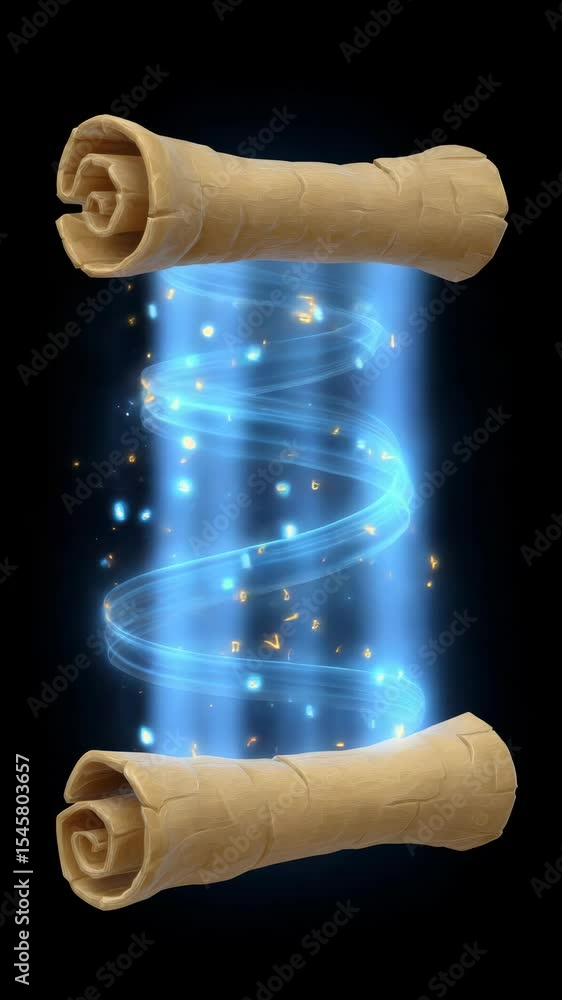 Poster glowing ancient scroll with blue light and sparkles against dark background