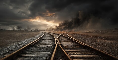 Apocalyptic railroad tracks diverge at a fiery, smoke-filled horizon under a stormy sky
