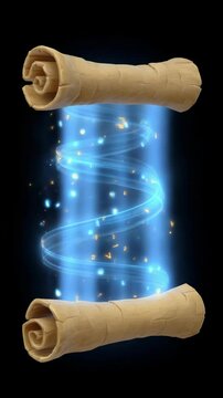 Glowing Ancient Scroll with Blue Light and Sparkles Against Dark Background