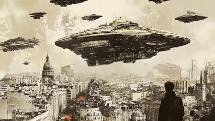 Dystopian urban invasion scene with futuristic aircraft over the city - Powered by Adobe