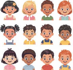 Diverse Set of Happy Children Portrait Avatars, Featuring Smiling Faces of Boys and Girls from Various Backgrounds, Representing Childhood, Friendship, and Positive Emotions in a Cute.