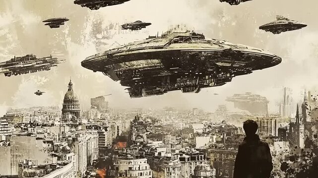 Dystopian urban invasion scene with futuristic aircraft over the city