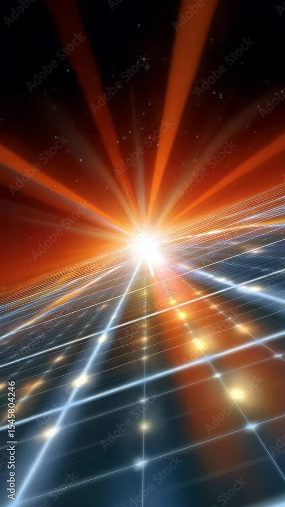 Aufkleber radiant light beams emitting across a grid of luminous dots in an abstract futuristic setting
