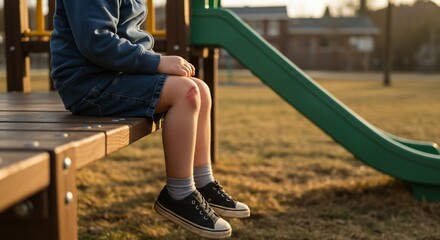Boy with scraped knee sits on playground bench in the golden hour light