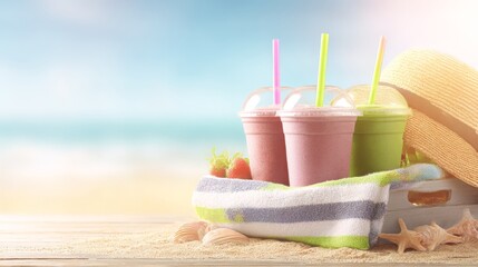 Summer background with two milkshakes, straw hat and towel on beach