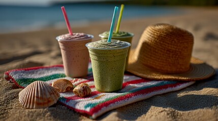 Green smoothies on the beach with straw hat and seashells