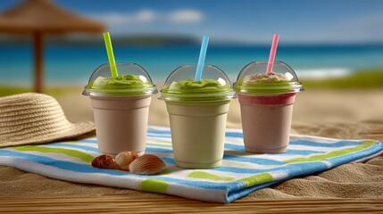 Three cups of milkshakes with straws on a beach towel