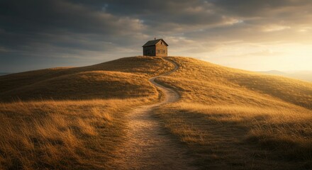 Rustic cabin on hilltop at golden sunset