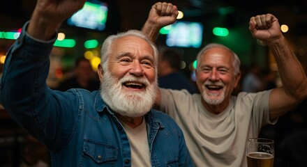 Happy older man raising fist in celebration, watching sport game. Friends enjoying beer and social time in a pub.