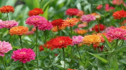 A vibrant display of zinnia flowers in a garden setting with a variety of colors and lush greenery around