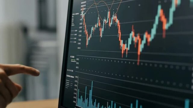 A hand points to a stock market chart displayed on a computer monitor showing financial data - Powered by Adobe