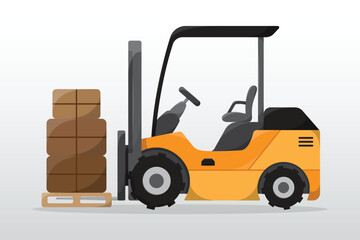 Side view cartoon forklift illustration. Forklift with fork extensions industrial cargo logistic lift. Freight machine transportation warehouse and construction service vehicle.