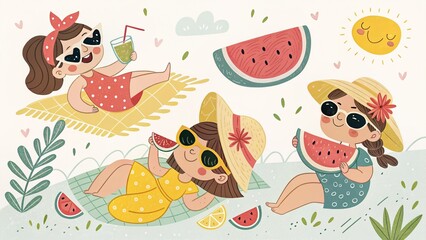 Illustration of girls enjoying summer with watermelon and drinks on a sunny day at the beach