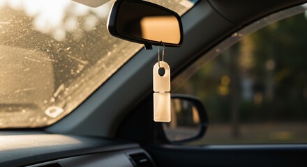 Car interior with air freshener hanging from rearview mirror, dusty windshield in sunlight