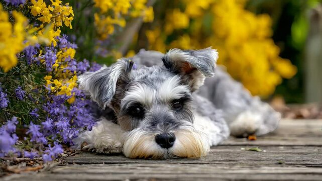 Miniature Schnauzer Dog Resting in Garden Flowers
