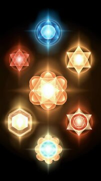 Vibrant Geometric Shapes with Glowing Symbols Creating a Mystical Atmosphere Against Black Background