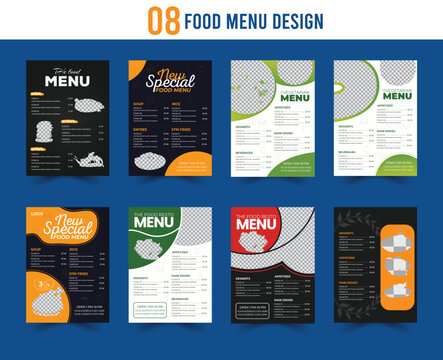 Modern restaurant food menu design templates featuring various layouts with stylish graphics