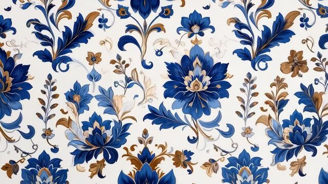 Elegant blue and gold floral pattern with swirling foliage on a white background for wallpaper and fabric design, seamless repeat