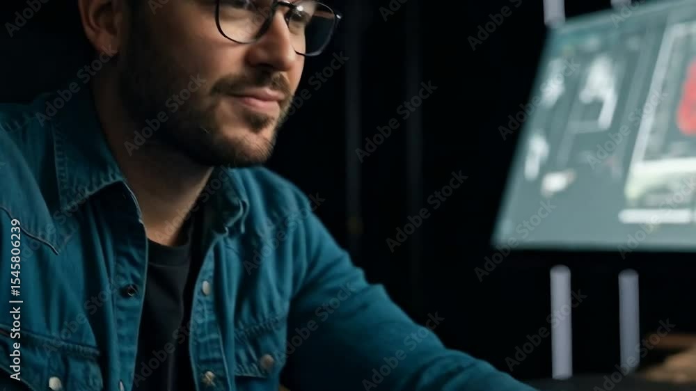 Poster a smiling man with glasses sits in a dark room illuminated by a computer screen
