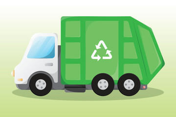 Side view cartoon garbage truck illustration. Trash recycling and reuse. Caring for environment, nature and ecology, reducing release of hazardous waste.