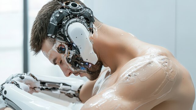 A man in a robot suit is sitting in a bathtub