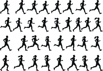Runner silhouettes collection, fitness training poses, athletic motion graphics, diverse jogging figures, outdoor sports concept, black vector illustration, dynamic exercise action, 
