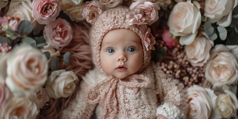 Fototapeta premium Floral Teddy Bear Outfit Baby Soft Lighting White Pink Luxurious Fabrics