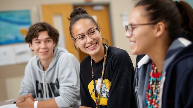 Three Indigenous youth participate in an interactive session focused on culturally relevant teachings. Their expressions reflect joy and connection as they collaborate - Powered by Adobe