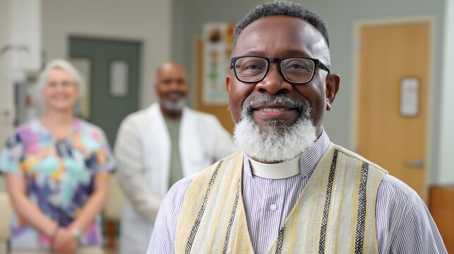 An interfaith chaplain smiles while providing spiritual care to patients and families in a healthcare facility. Two colleagues stand in support, enhancing the environment of compassion