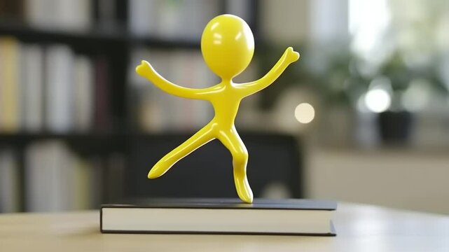 Dynamic Yellow Figure Balancing on a Book Symbolizing Knowledge and Joy