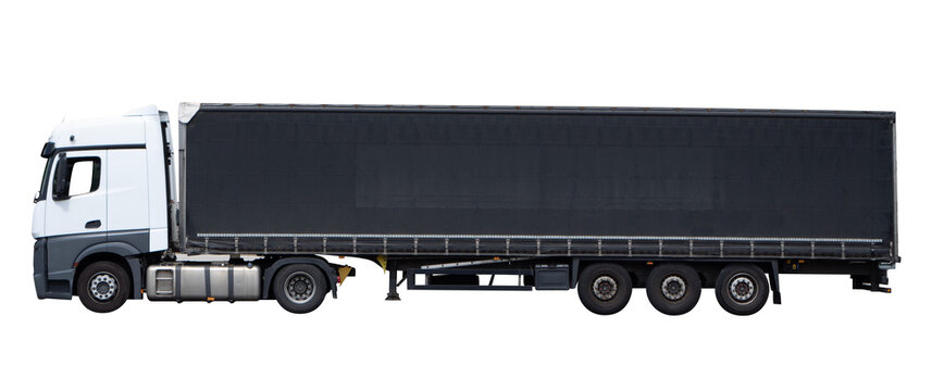 truck with trailer seen from the side png isolated on transparent background