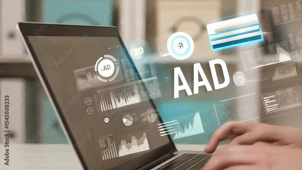 Poster a woman types on a laptop, and the letters aad appear above the screen with data visualizations