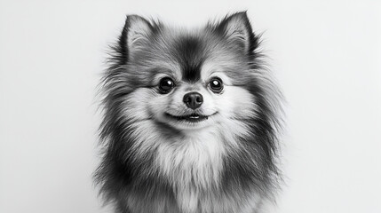 Close-up black and white portrait of a fluffy Pomeranian dog.