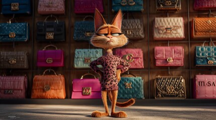 Stylish Cartoon Cat in Leopard Print Sweater Posing Amidst Designer Handbags