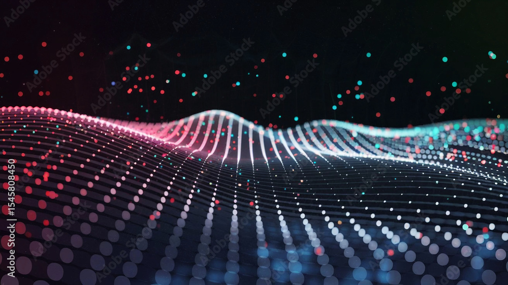 Aufkleber abstract flowing data visualization with colorful dots and wavy grid